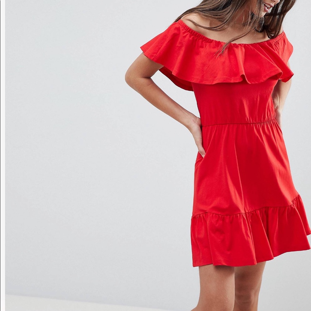 ASOS Off Shoulder Sundress With Tiered Skirt - Red